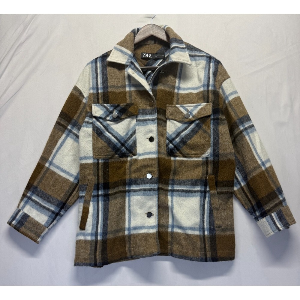 Zara Oversized Shacket Womens Medium Brown Multi Plaid Flannel Button Front Warm